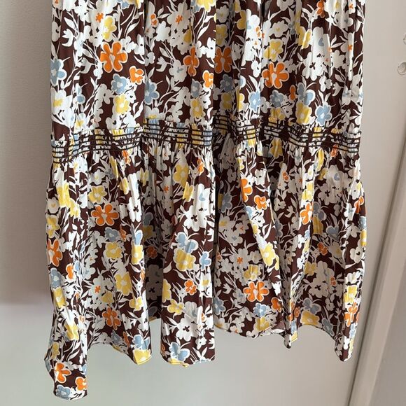 Tory Burch Reverie Smocked Shoulder Tie Brown Floral Print Summer Maxi Dress L - Picture 4 of 6